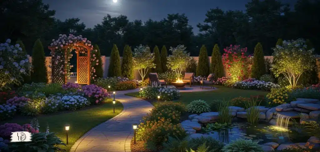 Beautiful backyard garden at night with glowing solar stake lights along pathway, warm ambient lighting.