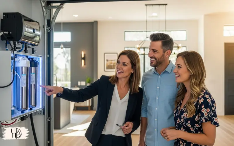Real estate agent showing modern home with water treatment system highlighted.