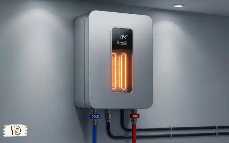 Modern water heater system operating efficiently, energy efficiency concept, subtle glow around heating element.