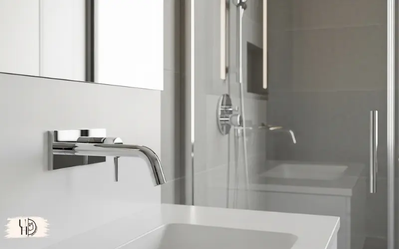 Shiny chrome faucet and spotless glass shower door, modern bathroom interior.