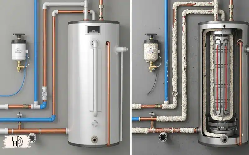 home plumbing system with and without mineral scale, water heater comparison, realistic technical.