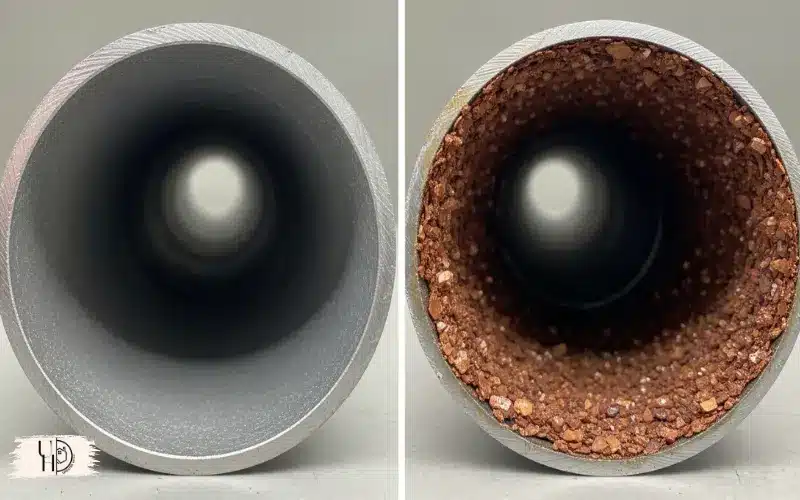 split image showing clean pipe vs scaled pipe interior, realistic detail, educational style image.