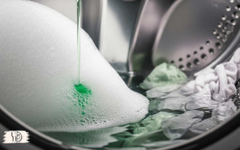 Small amount of detergent creating rich foam in washing machine, eco-friendly cleaning concept.