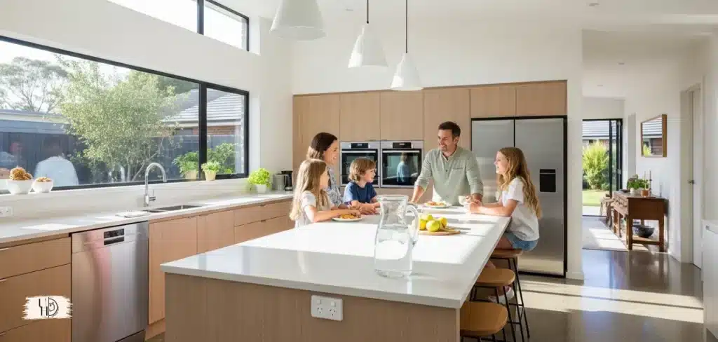 Modern family home clean water, bright kitchen setting.