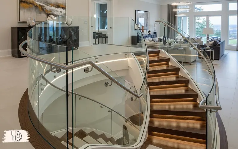 curved glass railing with LED lighting, luxury modern home, custom design details.