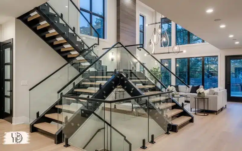modern home interior with matching black hardware and glass railing, cohesive design aesthetic.
