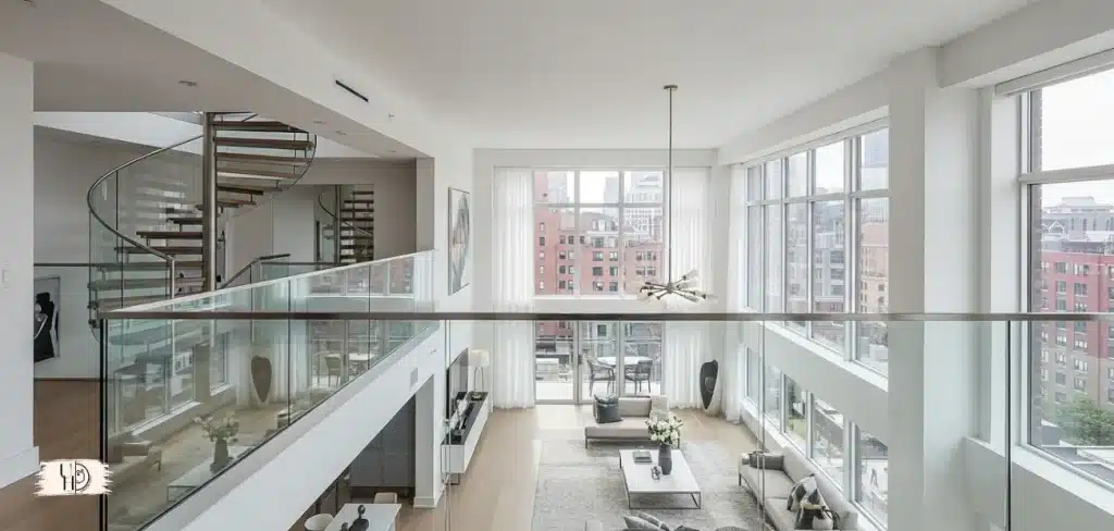 modern luxury loft with glass railing balcony, sunlight pouring in, open space, minimalist interior design.