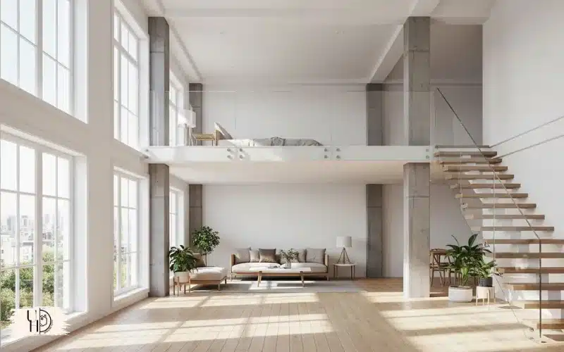 bright open loft with mezzanine and transparent glass railing, natural light flooding space, airy modern home.