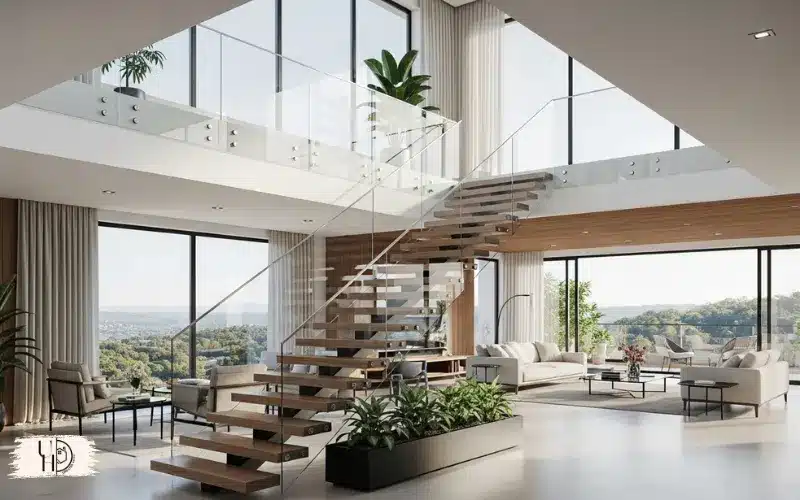 stylish loft interior with staircase and glass railing, blend of indoor outdoor feel.