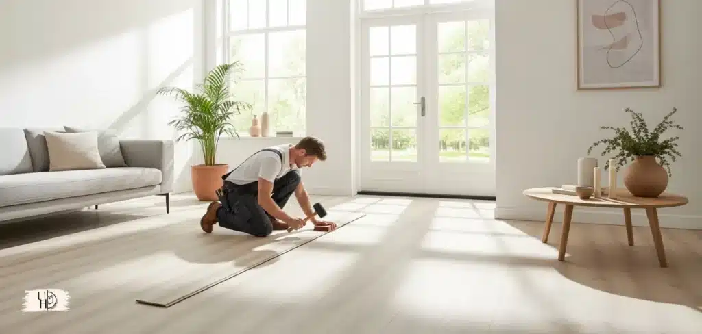 Modern Dutch living room, newly installed laminate flooring, bright natural light, minimalist interior, worker installing floor.