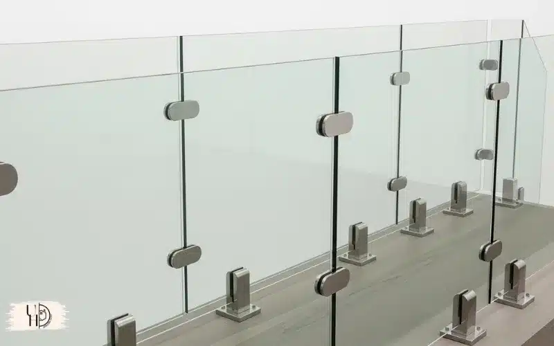 thick tempered glass railing with secure metal clamps, safety-focused design, clean minimal look.