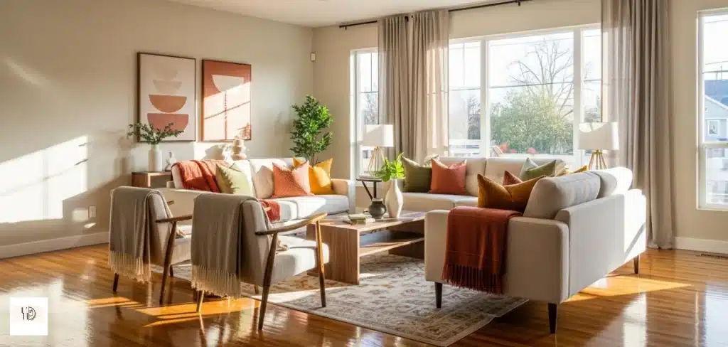 “Modern living room with shiny refinished hardwood floors, sunlight, cozy furniture, warm tones, high detail”