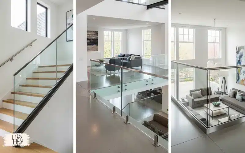 three styles of glass railings framed, frameless, hybrid shown in modern interior spaces.