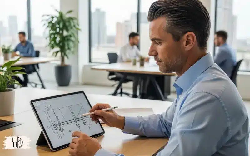 architect reviewing glass railing blueprint on tablet, construction planning scene.