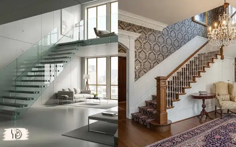 split scene showing frameless glass railing in minimalist loft and framed railing in classic home interior.