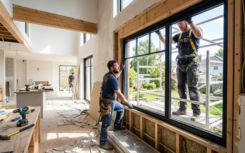 Home renovation project with workers installing new custom windows, bright interior transformation, realistic