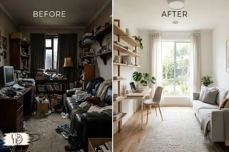 Split-screen interior comparison, dark cluttered room versus bright airy modern room, realistic before and after home styling.