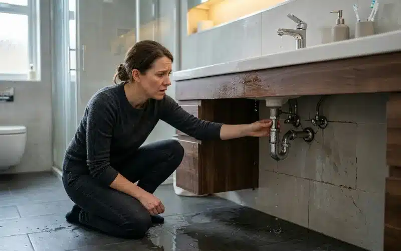 Modern bathroom with water leaking under sink, dripping faucet, cracked grout, worried homeowner inspecting damage, realistic photography, high detail.