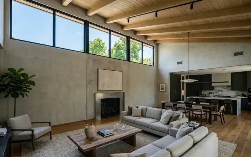Modern home with high-positioned windows allowing daylight while maintaining privacy, elegant interior, realistic