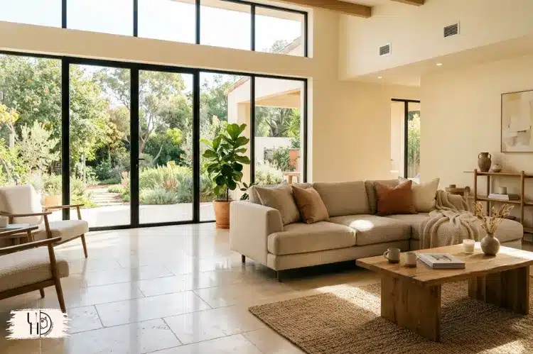 Light limestone flooring, cream walls, sunlight reflecting across modern living room.