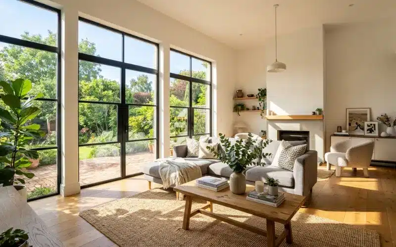 Sunlight streaming through well-positioned windows into a bright modern living room, natural light distribution, realistic interior
