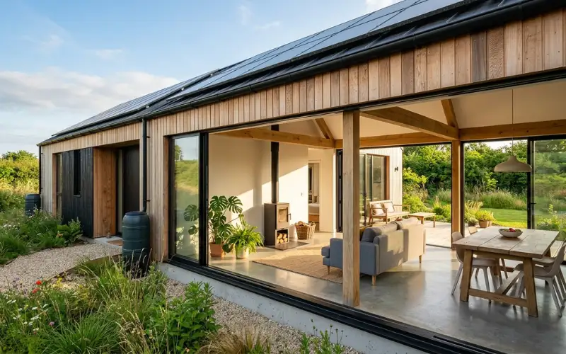 Energy-efficient home with sunlight entering through modern insulated windows, sustainable living concept, realistic