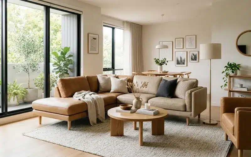 Bright living room featuring beige and tan leather lounge with neutral décor, soft sunlight, Scandinavian-inspired interior.