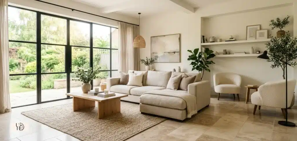 Modern light airy living room interior, large windows, soft natural sunlight, beige limestone tiles, neutral tones.