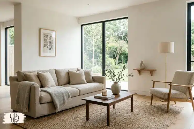 Simple elegant minimalist home interior, fewer decorative items, soft neutral textures.