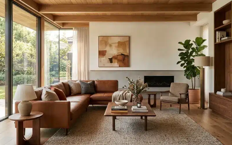 Modern luxury living room featuring a premium brown leather lounge, elegant interior design, warm natural lighting, minimalist décor, timber furniture, stylish cushions, high-end home, photorealistic.
