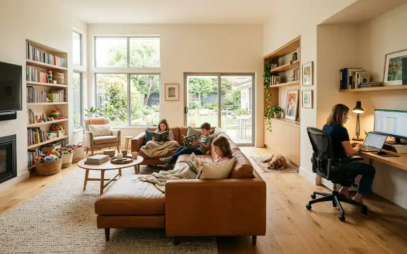 Spacious family room with sectional leather lounge, children reading, modern home office corner, multifunctional living space.