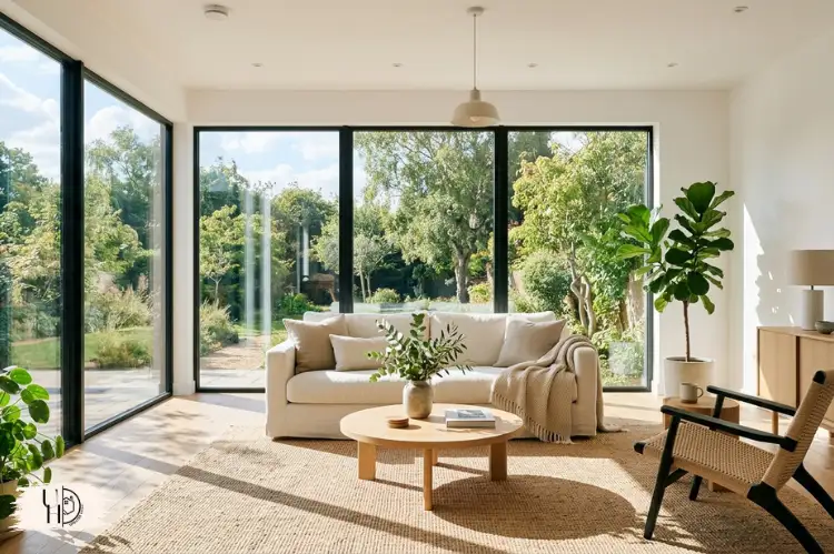 Sunlight pouring through large windows into bright minimalist living room, soft shadows, fresh airy home design.