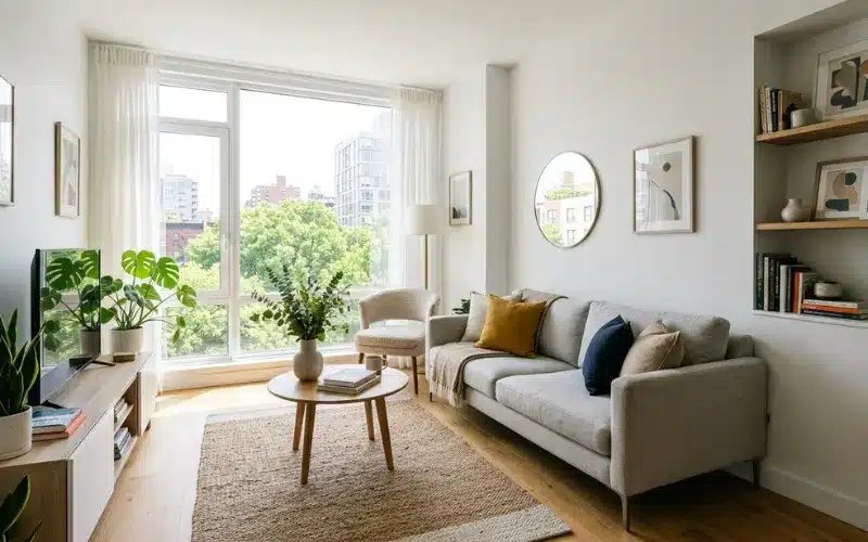 Small room transformed by natural daylight, bright spacious atmosphere, modern interior design, realistic photo