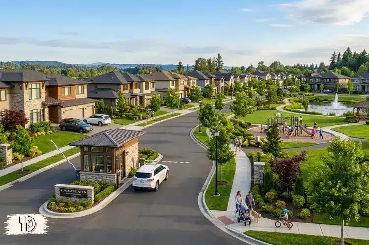 modern master-planned suburban gated community, family homes, parks, clean streets.