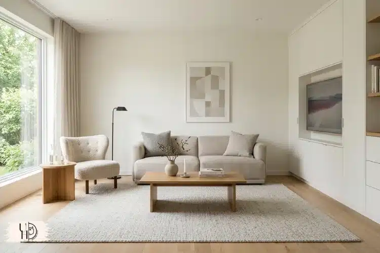 Minimalist tidy living room with clean surfaces, hidden storage, calming organized interior.