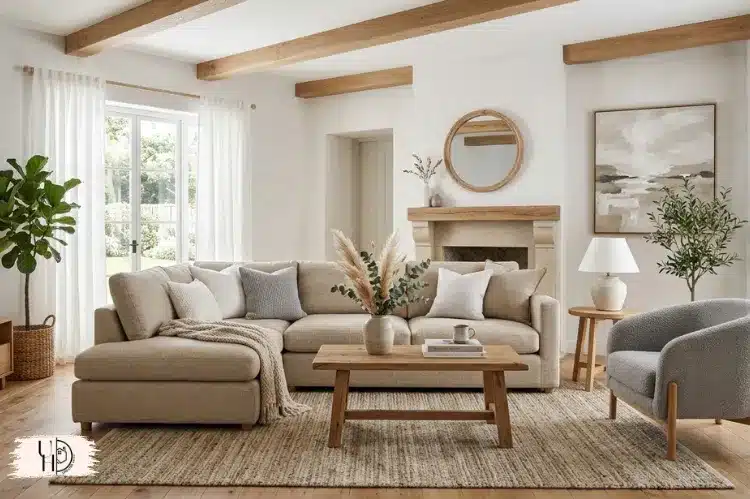 Neutral color palette interior with beige, white, soft gray and natural wood accents.