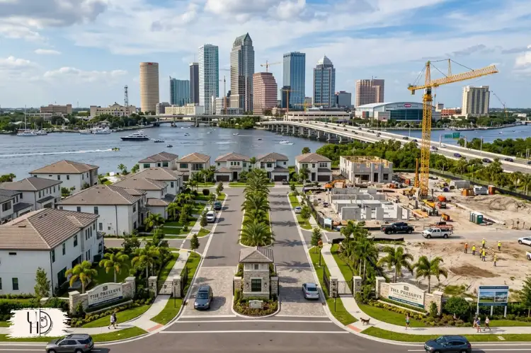 Tampa skyline with modern residential gated communities in foreground, growth and expansion.