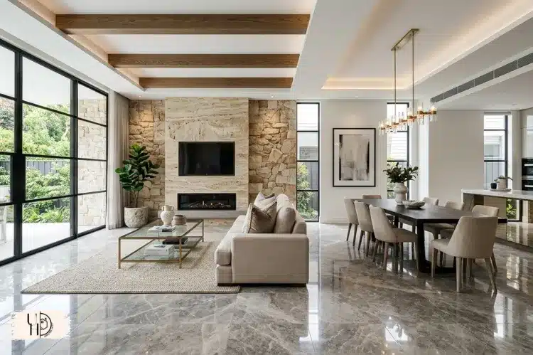 Modern interior highlighting floors, walls, and ceilings with natural stone textures.
