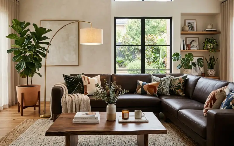 Beautifully styled leather lounge with decorative cushions, floor lamp, coffee table, indoor plants, modern luxury home décor.