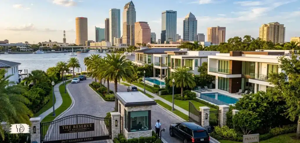 luxury gated community homes in Tampa skyline, modern villas behind security gate.