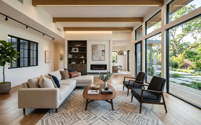 Well-designed living room with coordinated furniture layout and strategically placed windows, realistic interior photography