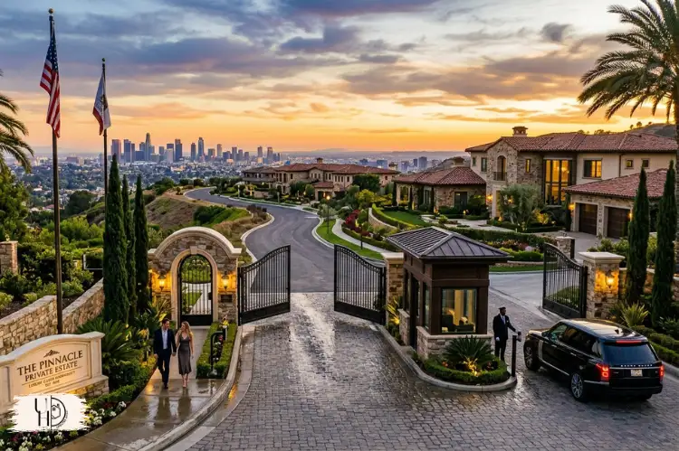 premium gated community entrance with luxury homes and skyline background.