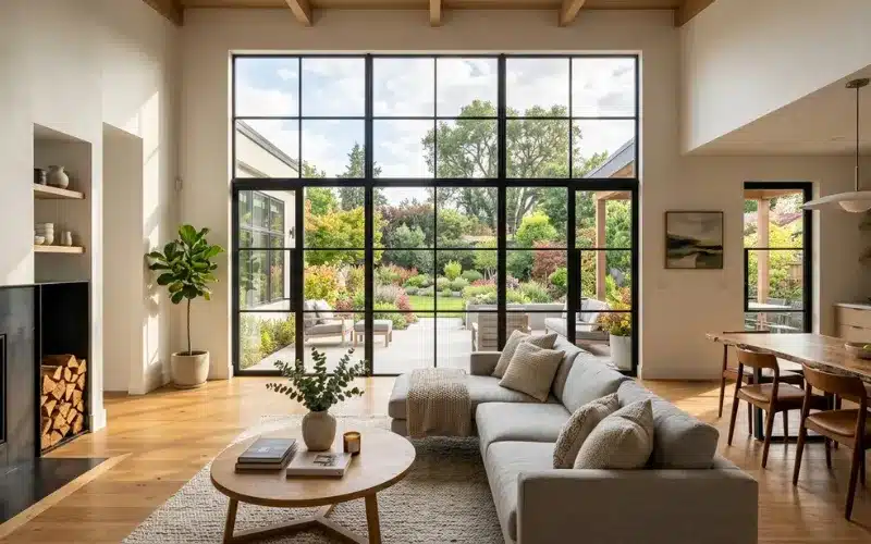 Home renovation concept showing perfect window placement, sunlight filling modern interior, stylish living space, architectural photography, realistic