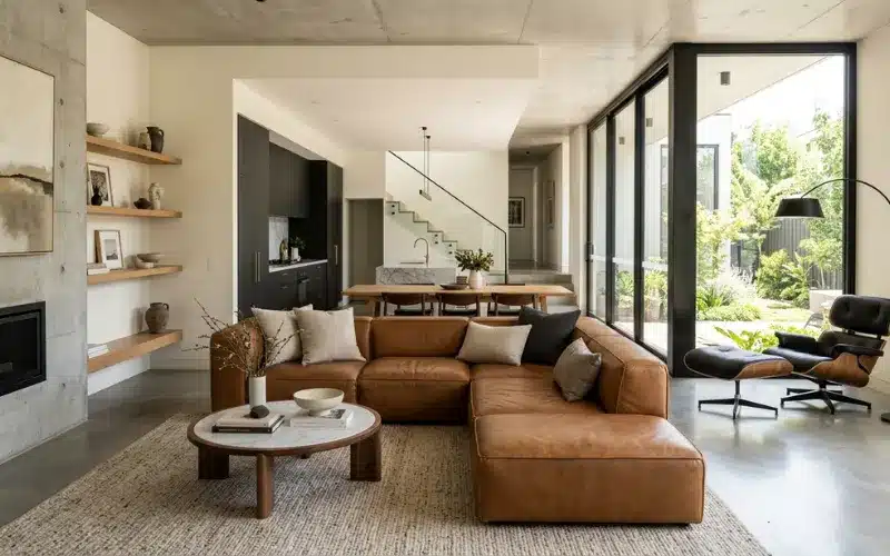 Stylish modern interior showcasing minimalist leather lounge, neutral décor, open-plan living space, contemporary furniture, photorealistic.