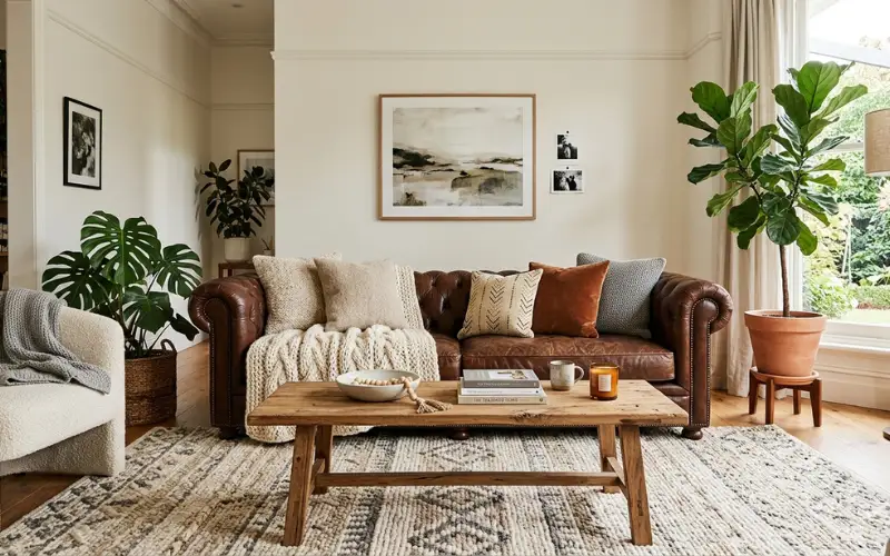 Leather lounge paired with textured rug, knitted cushions, wooden coffee table, indoor plants, layered textures, elegant home.