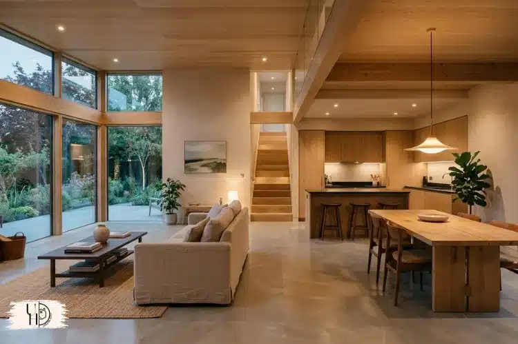 Minimal open-plan home with smooth visual flow between rooms, soft lighting.
