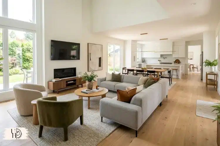 Open living room layout with clear walking pathways, balanced furniture arrangement, spacious modern home interior.