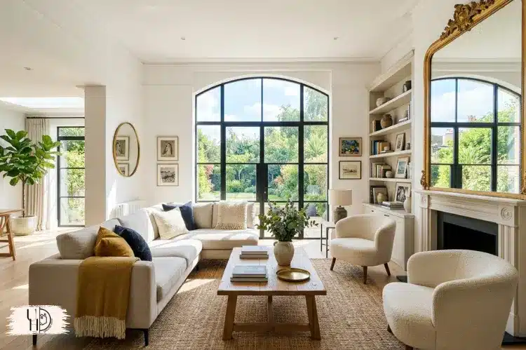 Stylish living room with mirrors reflecting sunlight, bright furniture placement, spacious airy atmosphere.