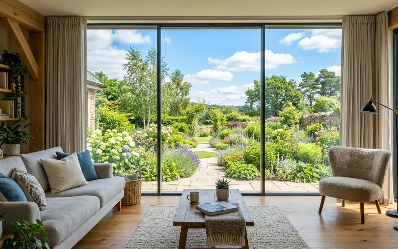 Large window framing beautiful garden and blue sky view, cozy modern room, realistic home photography