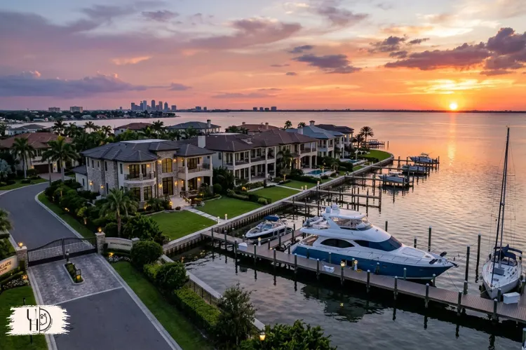 luxury waterfront gated homes in Tampa Bay, private docks, boats, sunset over water.